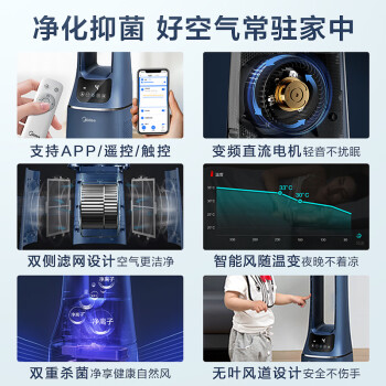 美的（Midea）【双重杀菌】WIFI风随温变无叶风扇/净化扇/家用遥控落地扇/电风扇/定时塔扇/轻音风扇AMS150E-TM