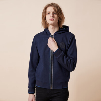 rare威雅意大利男装 秋冬新款男士羊毛夹克撞色拉链休闲连帽外套 蓝色