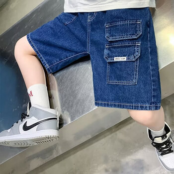 牛仔短裤夏季2024新款韩版中大儿童装分裤男孩薄款中裤子潮蓝色140