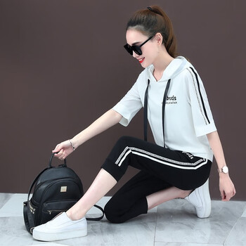 短袖t恤女新款时尚潮七分裤运动套装两件套夏季连帽全棉短袖跑步服大