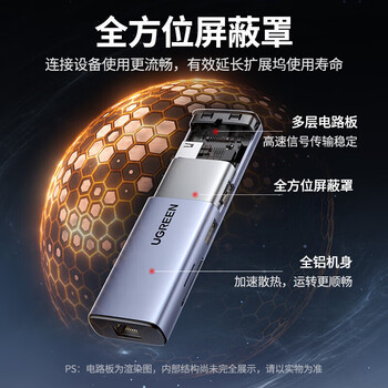 绿联 Type-C扩展坞转换器雷电4USB-C分线器转接头HDMI通用笔记本 6合1【HDMI+USB+网卡+PD】15598