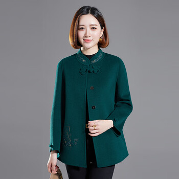 宋饮羊绒大衣100女双面绒秋装新款中老年装妈妈装小立领绣花毛呢外套