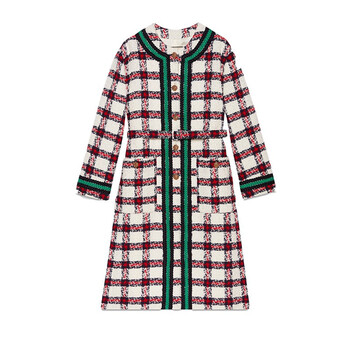 gucci古驰女装21新品迎秋系列复古织带格纹花呢大衣女圆领外套657055