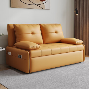 茗欣简约客厅多功能免洗科技布沙发床可储物三人位可抽拉沙发床 亮橙色 外径1.08米乳胶垫+储物