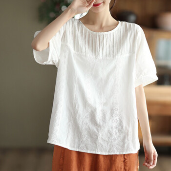 英梵度女装棉麻短袖t恤女2022新款夏季民族风镂空刺绣亚麻上衣显瘦