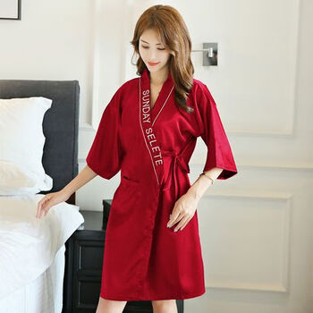 tuantifu晨袍新娘红色绸缎浴袍女结婚拍照性感绸睡袍女新娘伴娘结婚晨
