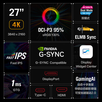 华硕ROG 绝神27 XG27UCG 27英寸显示器电竞4K 160Hz双模1K 320Hz HDR400 G-sync兼容Type-C HDMI2.1