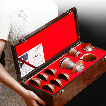 神盏 教师节礼物 建阳建盏大师潘圣浩手作墨莲三才盖碗12件套套装主人