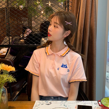 女生衣服女猫咪刺绣半袖t恤韩版可爱宽松少女polo衫女上衣粉色短袖
