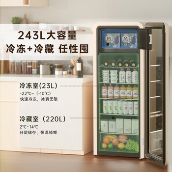 HCK冰吧243升复古超薄大容量冷冻室客厅冰箱家用墩墩吧Pro嵌入式保鲜柜立式冰柜SC-330RD-S暖灰色