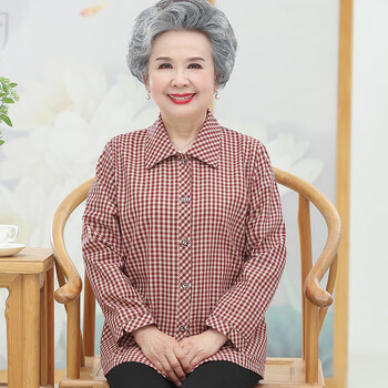 老太太春天外套奶奶装长袖衬衣衫加大号码格子夏装薄款送妈妈婆婆中
