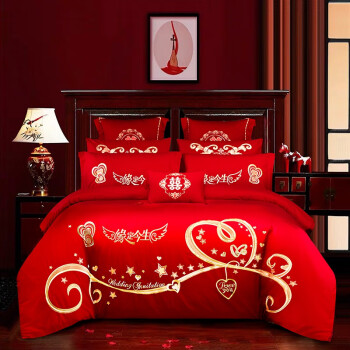 水星家纺结婚床上用品婚庆四件套大红色提花绣花床上四件套缘定今生