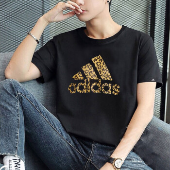 阿迪达斯 （adidas）短袖男秋季运动休闲圆领半袖透气三叶草男士上衣T恤（下架重） 18豹纹logo/黑色纯棉 S