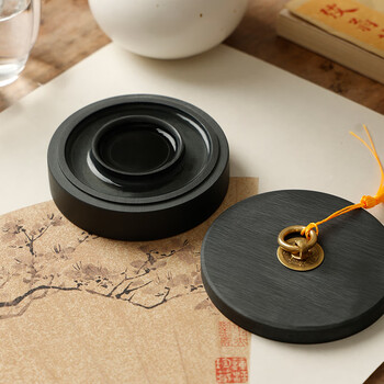 【全网低价】弘梅火锅砚台 天然原石6寸毛笔书法盛墨汁用墨海 文房四宝铜环砚台带盖墨池 【全网低价】弘梅火锅砚台 天然原石6寸毛笔书法盛墨汁用墨海 文房四宝铜环砚台带盖墨池