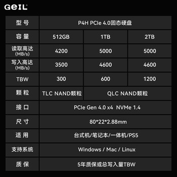 GEIL金邦 1TB SSD固态硬盘 M.2接口(PCIe 4.0 x4)NVMe SSD游戏高性能版 P4H系列 GEIL金邦 1TB SSD固态硬盘 M.2接口(PCIe 4.0 x4)NVMe SSD游戏高性能版 P4H系列