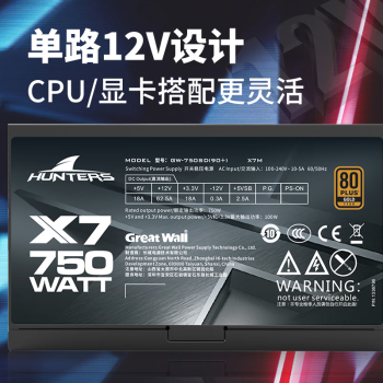 长城（Great Wall）额定750W X7金牌全模电脑电源（ATX3.1标准/原生PCIe5.1接口/漏电监测/全电压/单路12V/自动启停）