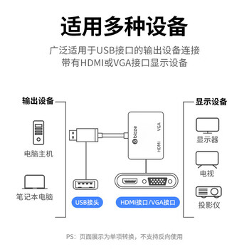 毕亚兹 USB3.0转HDMI+VGA转接头一拖二扩展器 电脑视频转换外置显卡笔记本台式机接电视投影同屏拓展线