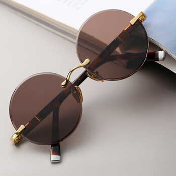 vieruodis天然水晶眼镜男女天然复古圆太阳镜清凉茶色墨镜石头镜鎏