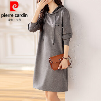 皮尔卡丹（pierre cardin）连帽卫衣连衣裙子女士春秋冬季2023年新款气质妈l妈打底字中长裙 灰色 S (80-90斤)