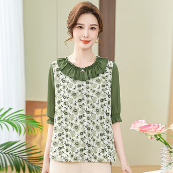 妈妈春夏装舒适恤小衫洋气碎花上衣中老年女夏季时尚薄款小汗衫 绿