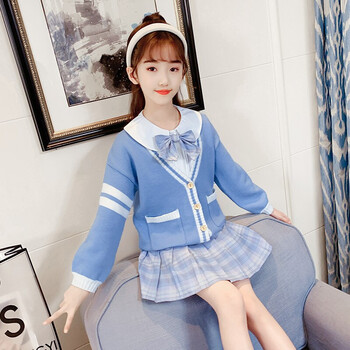 浣莎童装女童jk套装春秋装三件套儿童套装女孩子毛衣马甲衬衫百褶裙