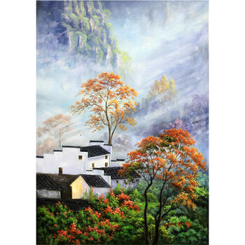 朝鲜一级画家仁英南方小镇手绘布面风景油画客厅挂画卧室挂画7312