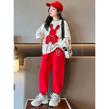 套装儿童春秋装卫衣裤子中大童时3320兔子套装红色120码建议身高115cm