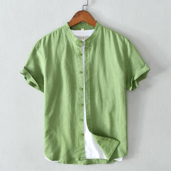是非L562 夏季新品中国风百搭短衬衣男士 棉麻休闲短袖衬衫 一件代发 绿色 M