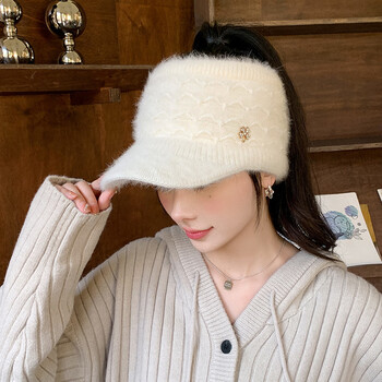 佰里牧秋冬季女新款兔毛绒保暖针织显脸小棒球帽户外旅游时尚加绒空顶