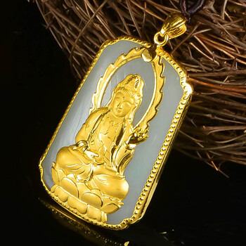老凤凰黄金观音吊坠男士999足金观音牌和田玉足金镶玉挂件节日送男友