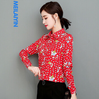 春季新款长袖衬衣女气质小碎花洋气雪纺衫小衫衬衫女上衣n16 108#红色