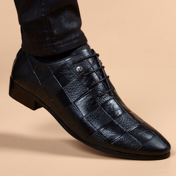 老人头高档品牌男鞋尖头皮鞋男商务真牛皮格纹内增高男鞋韩版休闲潮流