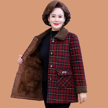 郎骏萧妈妈冬装格子加绒外套中老年女装加绒加厚中长款翻领毛呢大衣酒
