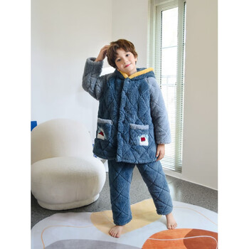 迪弟尼冬季加厚三层夹棉儿童睡衣套装家居服保暖加绒秋冬款男童睡衣