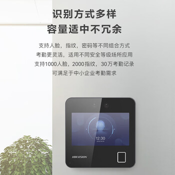 HIKVISION海康威视人脸指纹打卡机考勤机上班打卡刷脸4.3触摸屏快速识别自动报表语音提示单机版A12Pro