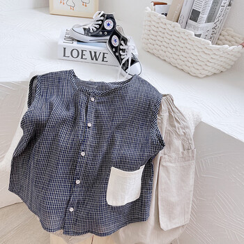 歌温妮男童夏季格子薄外套棉麻系列 2024夏韩版男童洋气吸汗无袖衫