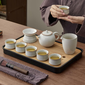 功夫茶具家用办公室茶盘茶杯泡茶壶喝茶中式月白汝窑茶具套装9头茶盘