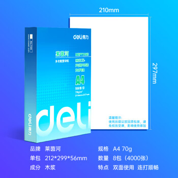 得力（deli）莱茵河A4打印纸 70g500张*8包一箱 口碑优选复印纸 双面草稿纸 整箱4000张 7402【采购优选】