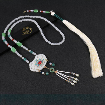 戎夏古风璎珞长款仿珍珠背云璎珞烧蓝点翠汉服项链长流苏晚明风配饰