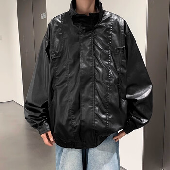 机车服皮衣男士秋季季复古宽松高街防风外套美式潮牌pu皮夹克黑色高