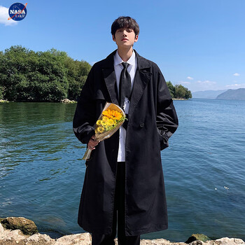 nasalike感中长款风衣男款春秋季潮牌胖子大码宽松韩系大衣外套黑色