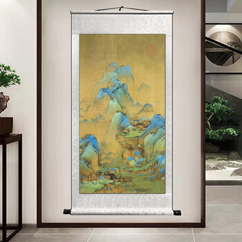 王希孟 山水画 掛け軸 中堂 千里江山図 中国画 表装済 77×175cm 千里江山図 王希孟 栄宝齏画譜 古代部分78 中国絵画/千里江山图