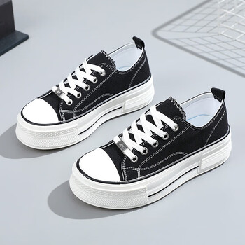 人本经典帆布鞋女春夏季潮新品百搭板鞋厚底增高学生韩版流行黑色35