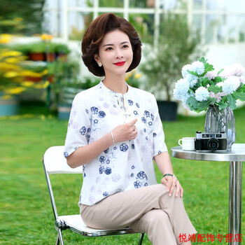 以舟中年夏装2024新款雪纺短袖t恤40岁50人女时尚上衣服薄蓝色xl
