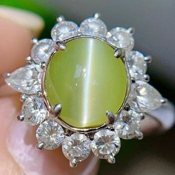 皇家矿工 金绿猫眼石戒指珠宝首饰彩宝18k金镶钻 金重7.798克 主石3.