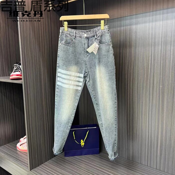 克罗心ch马蹄十字架梵文网红同款秋季四道杠牛仔裤九分裤水洗做旧修身