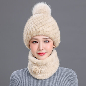 皮草帽子女冬季新款加厚保暖水貂毛帽子时尚编织貂皮毛线帽子冬天 浅