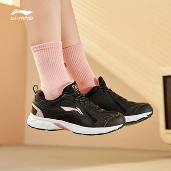 李宁女鞋运动鞋春秋季网面透气樱花复古休闲老爹鞋减震增高跑步鞋黑色