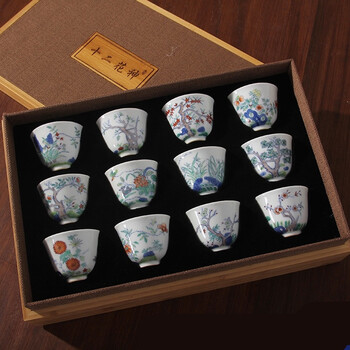 十二花神清康熙青花斗彩十二花神杯一套茶杯茶具古玩古董陶瓷器仿古