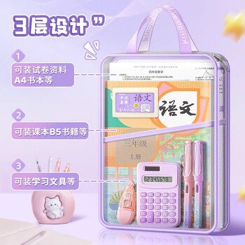 舒星 L型大开口三层网纱拉链袋文件袋A4学科分类袋科目分类袋试卷收纳袋科目袋资料袋书本作业袋手提米